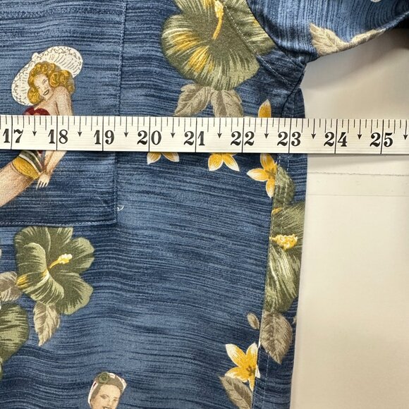 Campa Moda VTG 80s-90s Rayon Hawaiian Shirt Pinup Girls Blue Floral Korea L - Picture 5 of 7